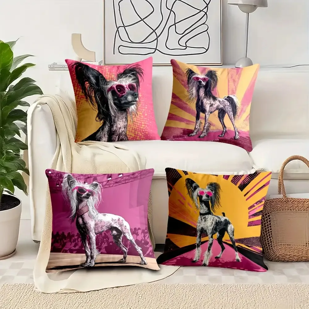 Cute Dog Print Throw Pillowcase Set 4pcs Canine Pop Art Cushion Covers 40x40cm Trendy Pet Lover Home Decor