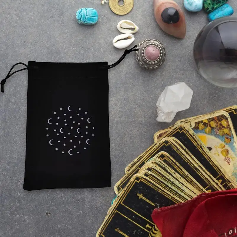 Moon Star Printed Tarot Card Storage Bag Soft Velvet Oracle Cards Bag With Drawstrings, Tarot Card Holder Bag