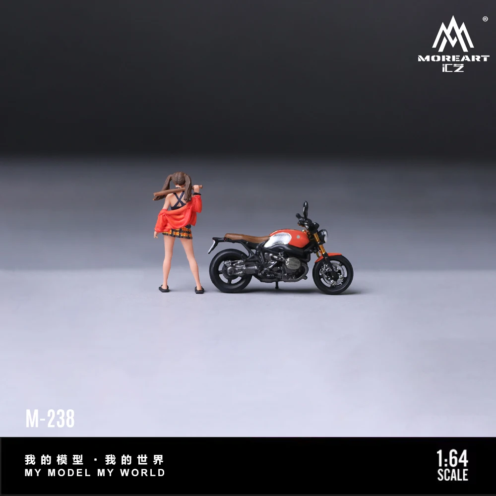 MoreArt 1:64 Retro Motorcycle Hot Girl Resin Model Double Ponytail Figure Set Diecast Car Scene Decoration Gift view 3
