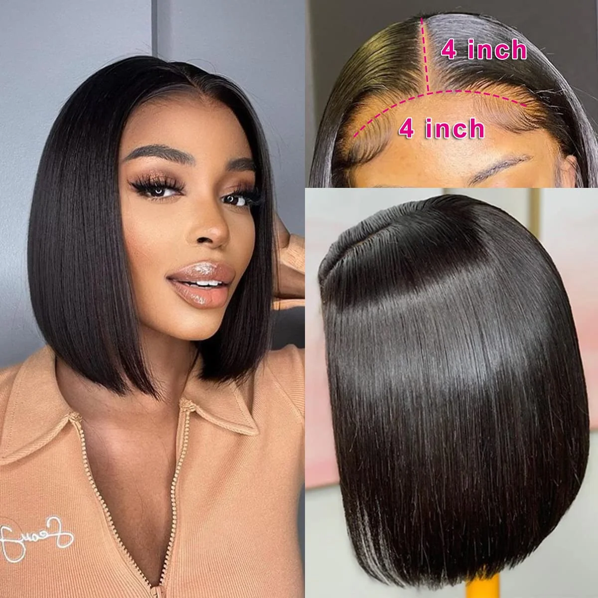 Wig rambut manusia Bob pendek berenda depan 4x4 wig tanpa lem rambut manusia menutupi dengan rambut bayi dengan kepadatan 150 rambut Virgin Brasil