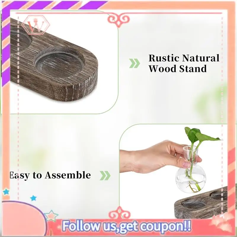 Upgraded Propagation Station Glass Vases Decoration: 5 Plants Terrarium With White Washed Wooden Tray For Living Room Office