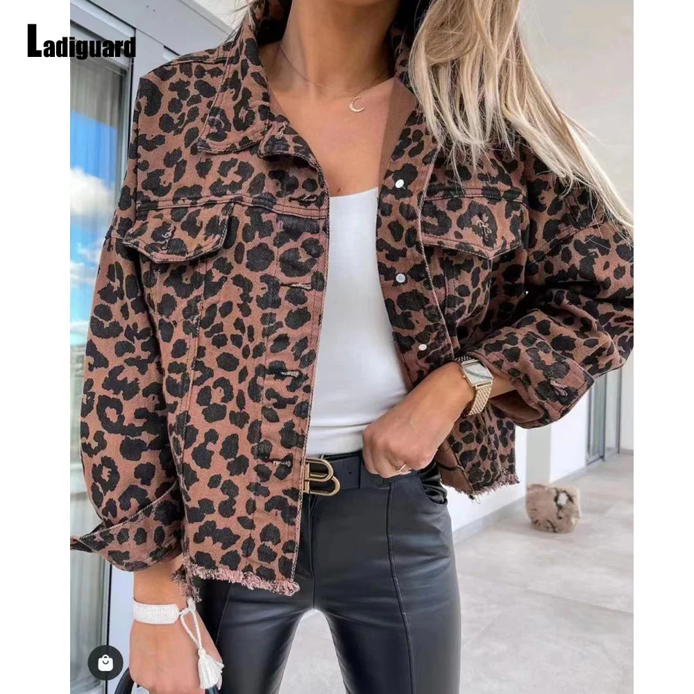 Ladiguard 2023 Sexy Ripped Denim Jacket for Women Leopard Print Jeans Outwear Girls Streetwear 2023 Single Breasted Demin Jacket