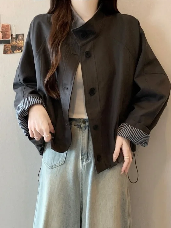 

plus Size Women's ey ort Loose Fit Jaet Vintage Sle Commute Korean Version High Waist Button Detail Autumn Winter Coat