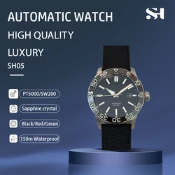 SH Enamel Automatic Diving Watch 150M Water Resistance Full Brushed Bracelet See-Through Back Watch for Men Gift