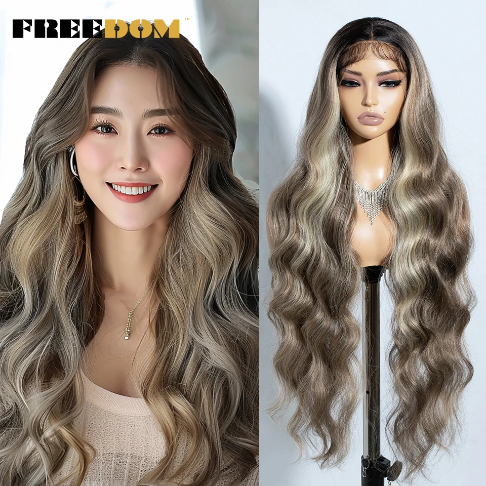 FREEDOM Body Wave Synthetic Lace Front Wigs For Women 36 inch Ombre Brown Blonde Lace Wig Highlight Cosplay Wigs Heat Resistant