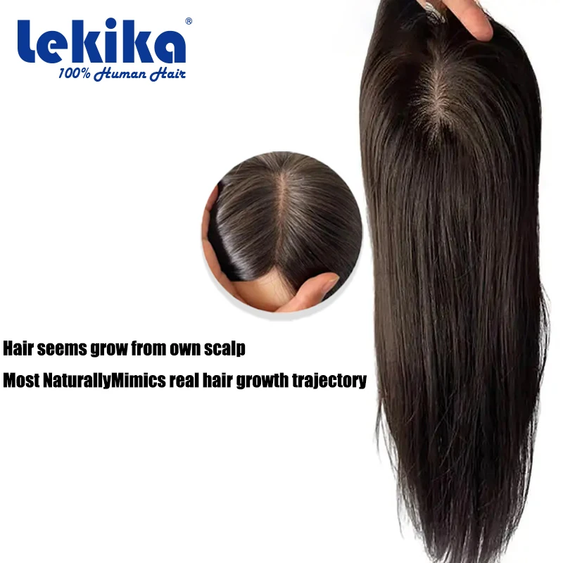 Topper Rambut Manusia Slik & Basis NPu Rambut Eropa Remy Lurus Basis Sutra Full Hand Tied Lembut Bernapas dengan Klip