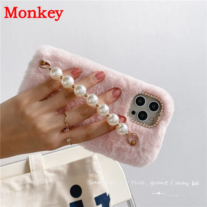 Luxury Pearl Fluffy Plush Wrist Strap Silicone Cases For Redmi Note 10 Pro 10S 9 8 7 pro 9S 9T 8T 9A 9C 8A 7A Poco F3 X3 NFC M3