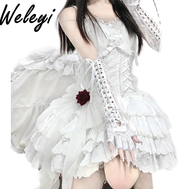 Jirai Kei Lolita Gothic Sweet White Strap on Gloves Ropa De Mujer Fashion and Cutecore Punk Sexy Lace Finger Half Sleeve Mittens