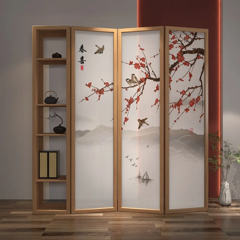 Medieval solid wood screen household movable partition wall tea room study small room shading combination folding screen decorat