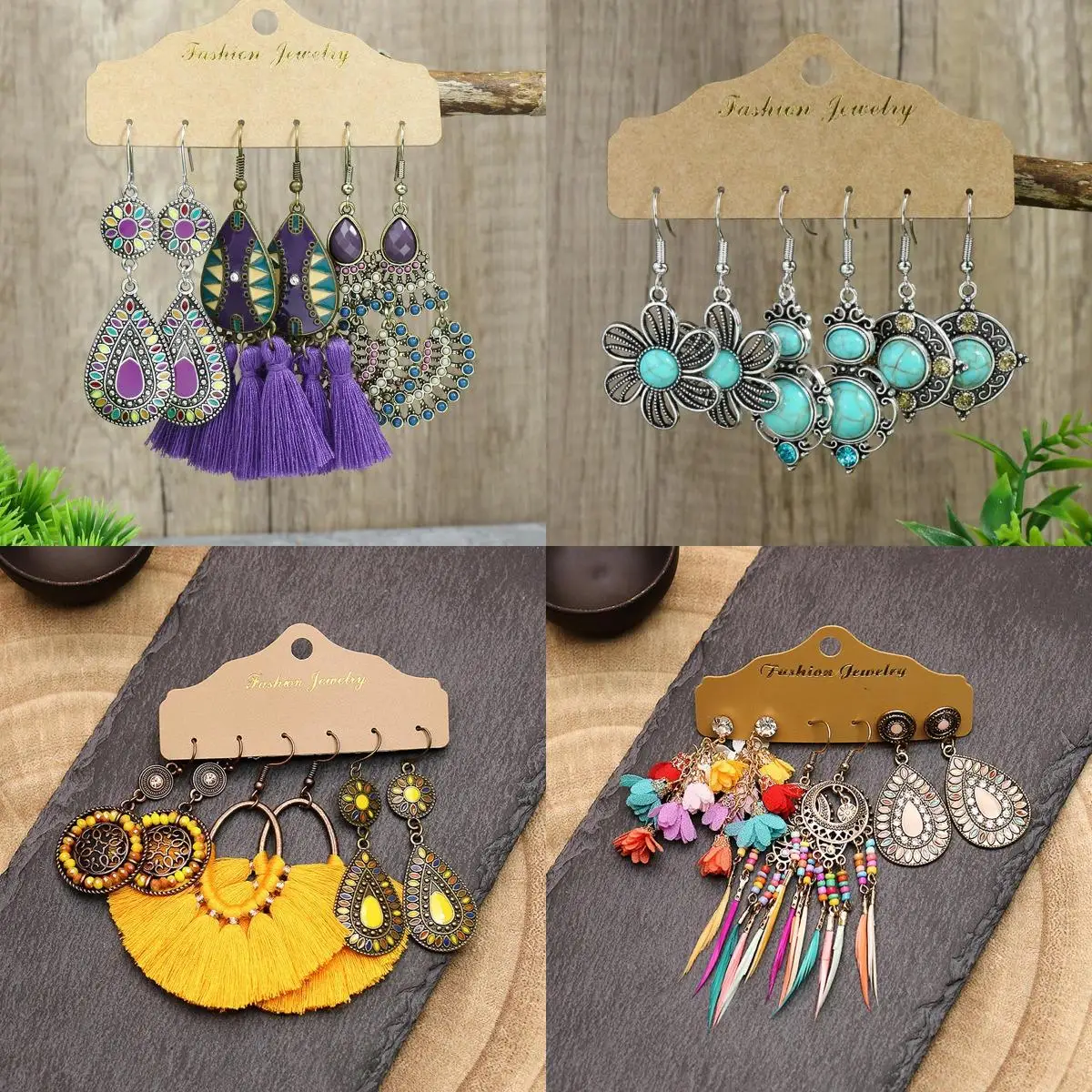 6pcs Retro Bohemian Style Women's Flower Tassel Geometric Women's Earring Sets, Suitable For Vacation Accessories