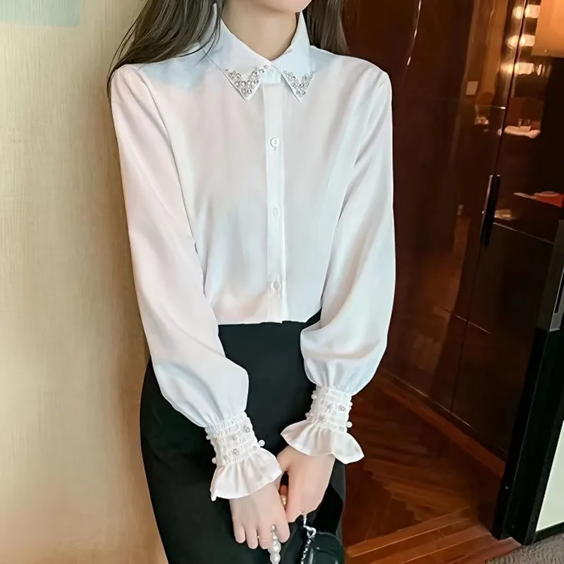 French Beaded Shirt 2026 New Spring Autumn Women Sweet Bubble Sleeve White Shirt Office Lady Elegant Base Shirt Female Clothing