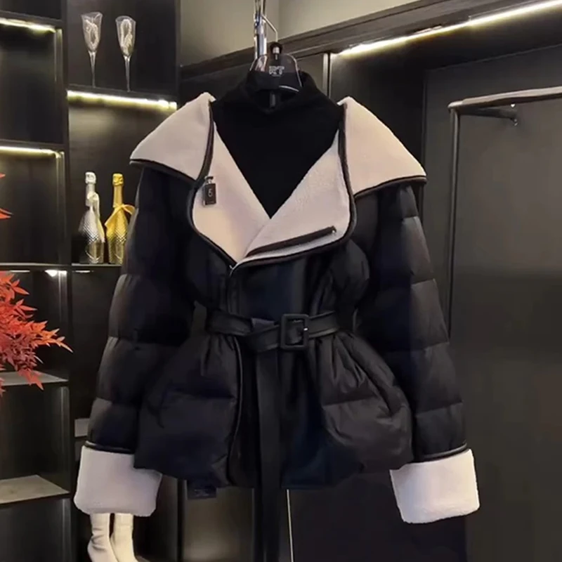 

Женское хлопковое пальто из овечьей шерсти с большим отложным воротником, зимнее новое шикарное пальто с тонким поясом, верхняя одежда, модная утолщенная теплая куртка на молнии