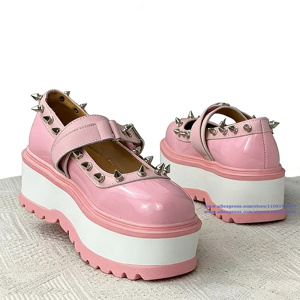 

Pink Studded Platform Mary Jane Shoes for Women Patent Leather Goth Platform Wedges Ankle Strap Y2K Punk Platform Lolita Shoes
