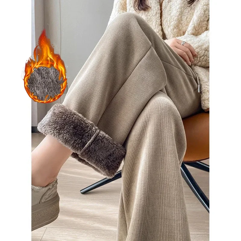 Winter Lady High Waist Thermal Plush Slacks Girls Snow Warm Velvet Casual Pants Women Ins Fashion Straight Leg Trousers