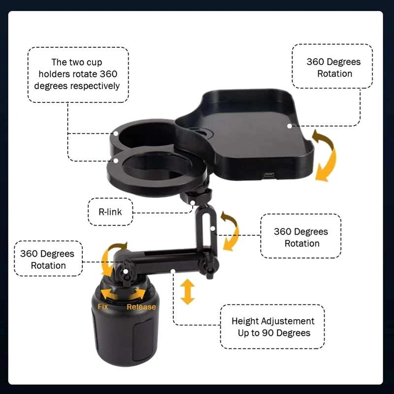 Adaptador expansor de portavasos 4 en 1, bandeja organizadora de teléfono con carga USB inalámbrica giratoria Universal