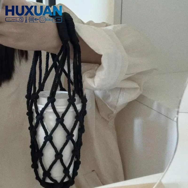 Double-Handled Water Bottle Mesh Bag Cup Cover Handmade Woven Outdoor Casual Handbag