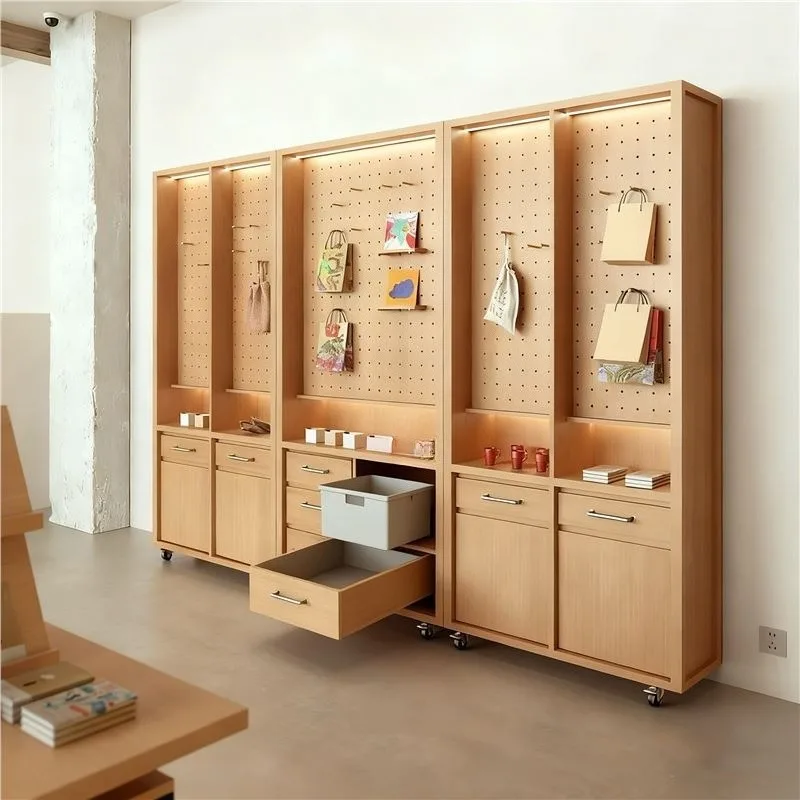 Merchandise store display cabinets, upper wall panel vertical cabinets, body skin care product shelves, wall display cabinets