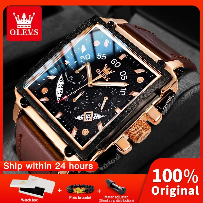 

OLEVS 9919 Mens Watch Top Brand Square Quartz Watch Watch For Men Waterproof Leather Strap Multifunctional Chronograph Reloj