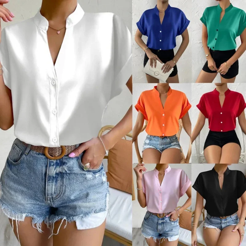 Women Spring Summer Shirt Blouse Shorts Sleeves Solid Color Turndown Collar Button Casual Fashion Comfortable Regular Standard