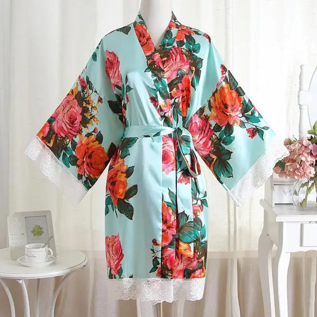 

V-Neck Women Kimono Bathrobe Bridal Wedding Party Robe Gown Print Nightwear Sleepdress Bridesmaid Lounge Wear Sleepwear