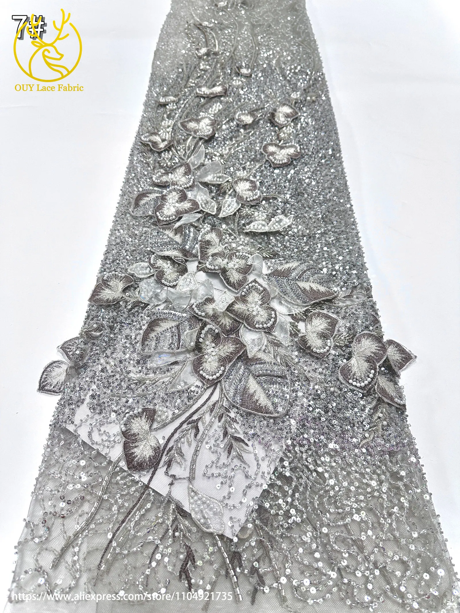 Französischer Luxus 3D-Blumen-Stickerei-Spitzenstoff 2026 Afrika Nigeria Pailletten-Perlen-Spitzenstoff für Braut-Hochzeitskleid Nähen – Detail 25