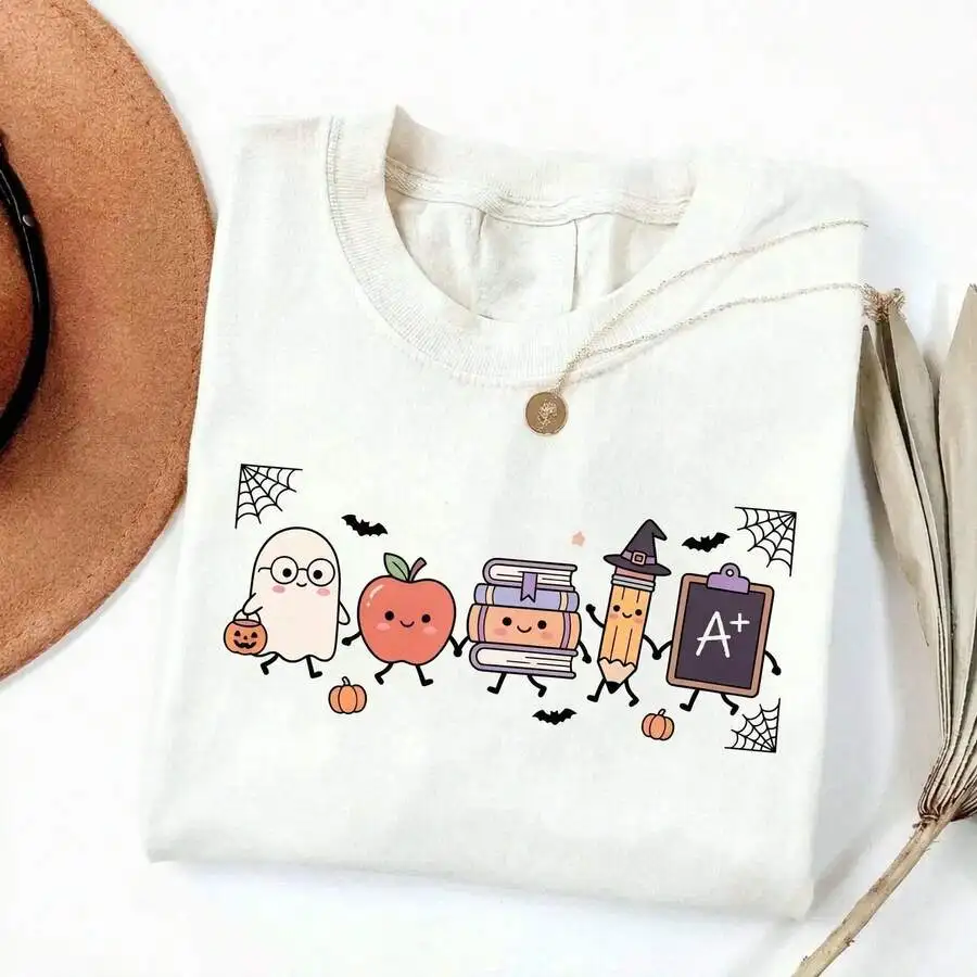 2026 Fashion New Cute Cartoon School Supplies Print T-Shirt Women Inspirational Teacher Halloween Back To School Short Sleeve Crewneck Casual Basic Top Tee