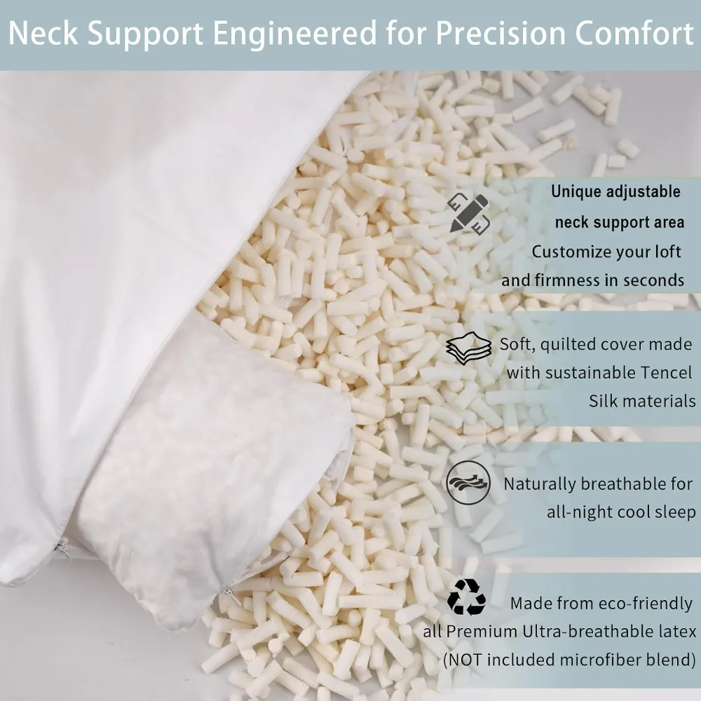 Shredded Latex Pillow, 100% Natural, Adjustable Neck Support for Back, Stomach or Side Sleepers