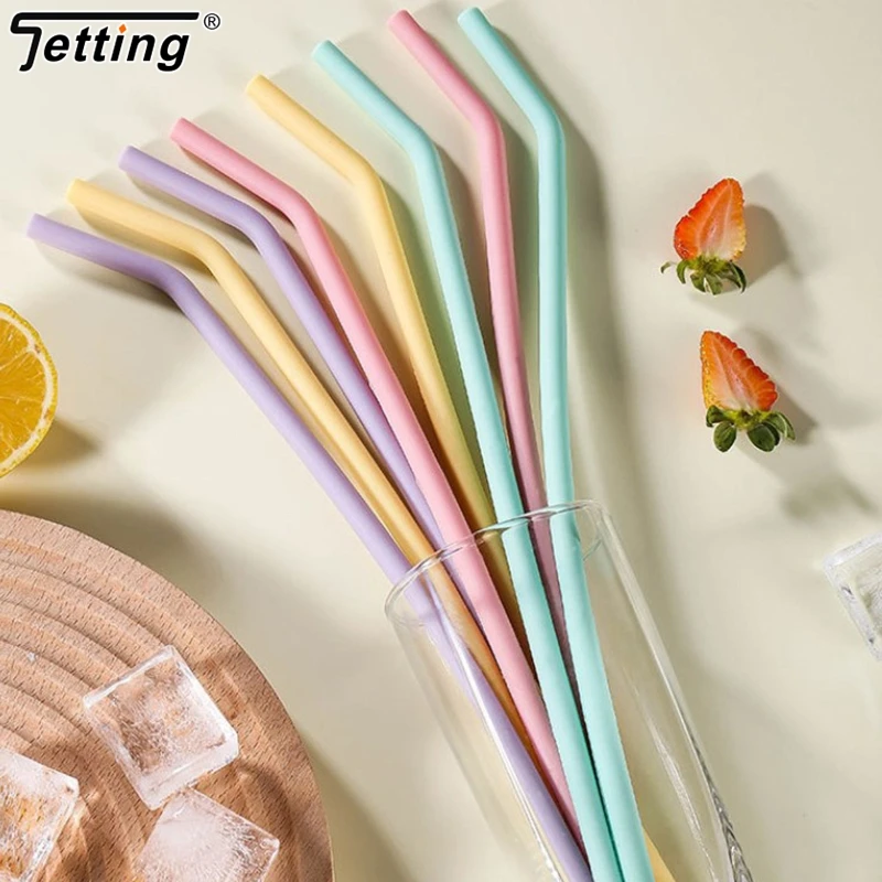 4Pcs Food Grade Colorful Silicone Straws For Children Drinking Water Drinks Juice Curved Straw Reusable Cocktail Straws