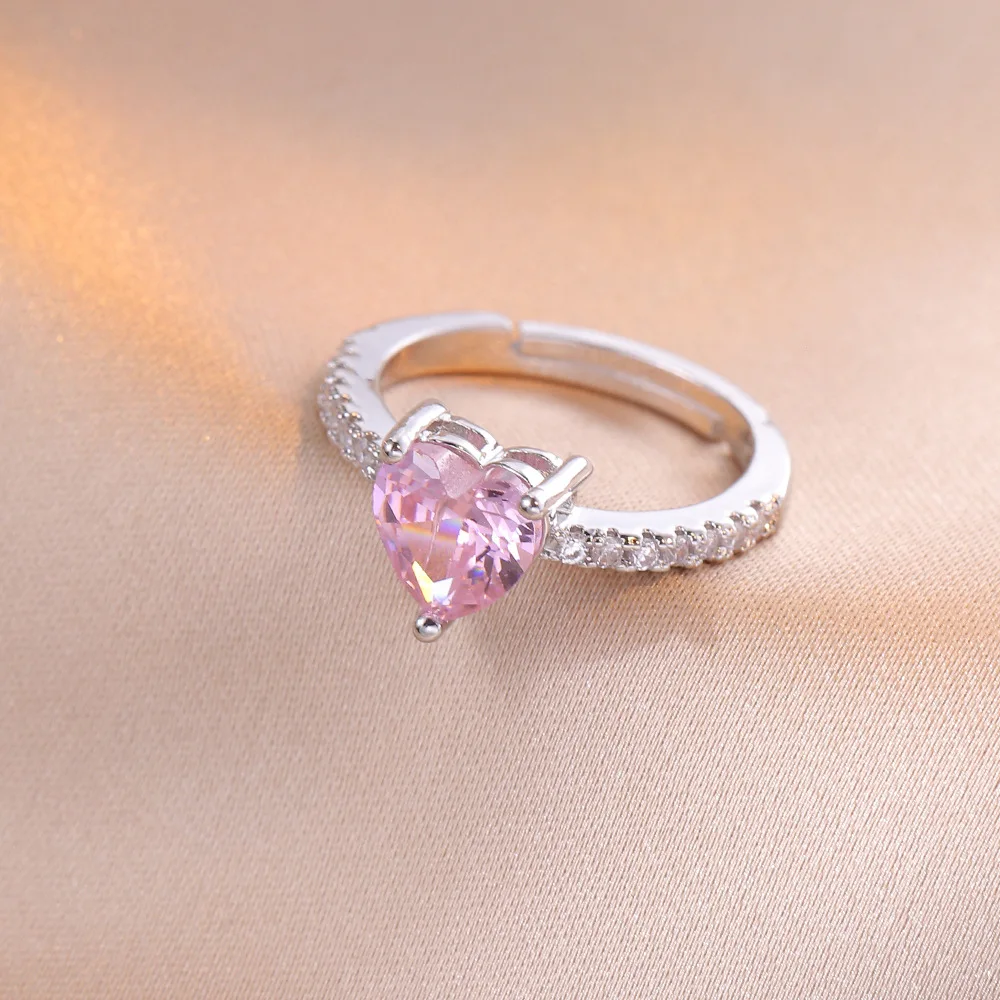European and American style TK new rings Wish fashion personality creative inlaid heart-shaped pink diamond zircon ring gifts