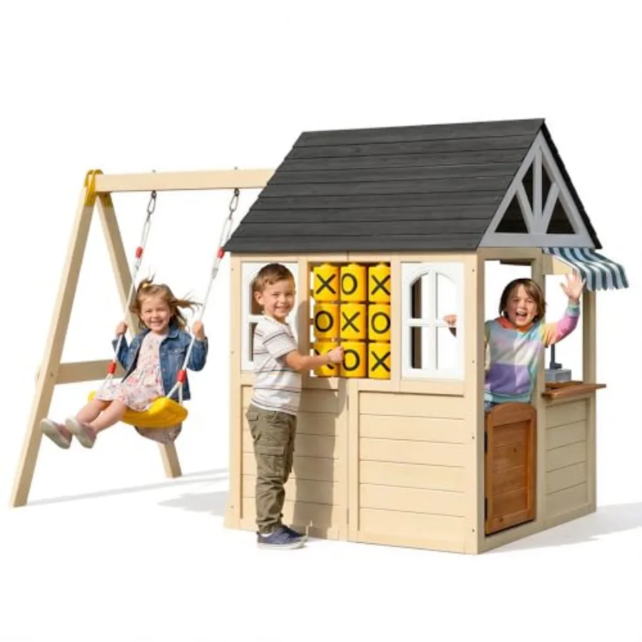 

Outdoor wooden playhouse with swing set for kids: cedar wood natural color space-saving garden activity center featuring tic-ta