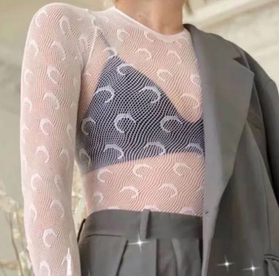 

Moon Motif Embroidered Ice Silk Me Lace Thin Long Sve T-irt Base Layer Top Summer Original Design round Ne Splice