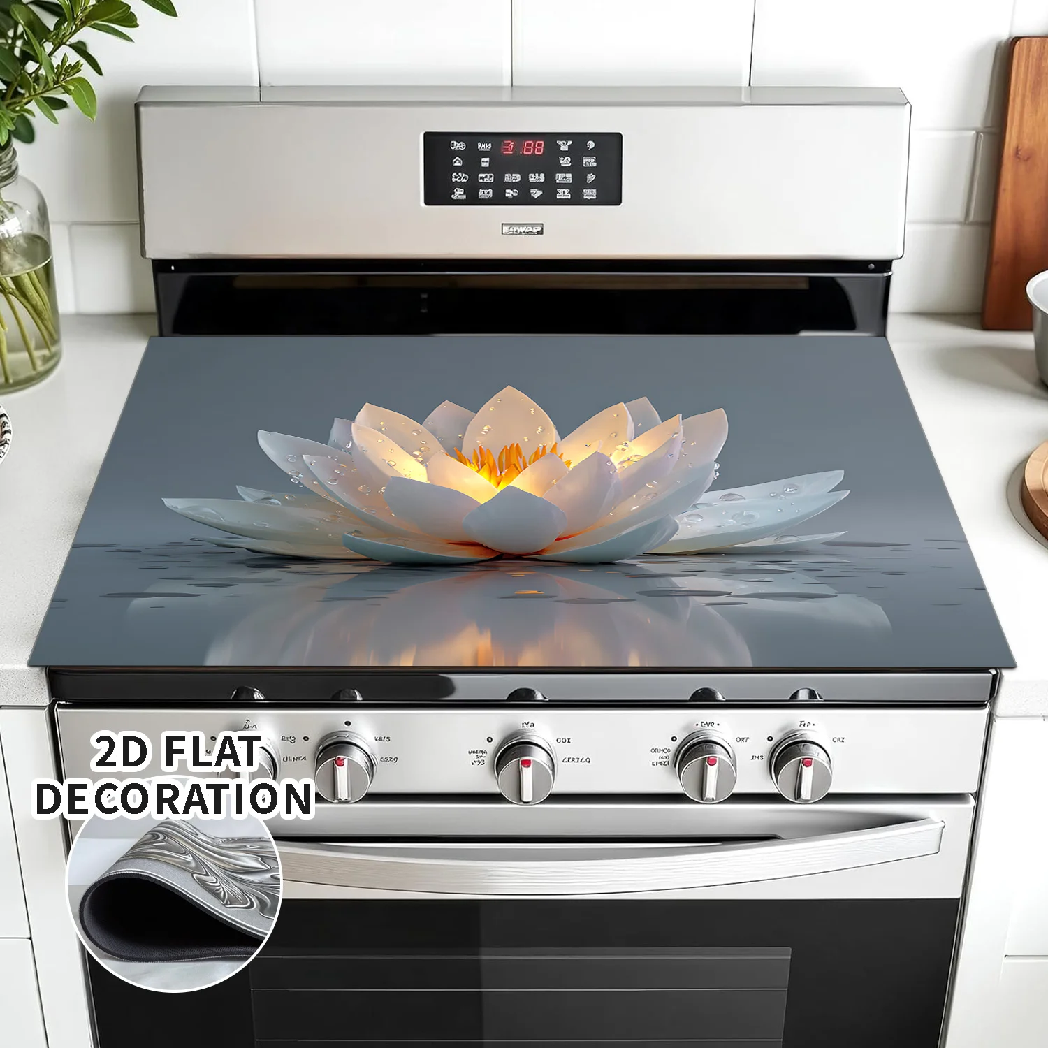 Elegante weiße Lotus-Herdabdeckung, rutschfeste, hitzebeständige Brennerabdeckung, wunderschöne Blumen-Herdabdeckung mit Wasserreflexion