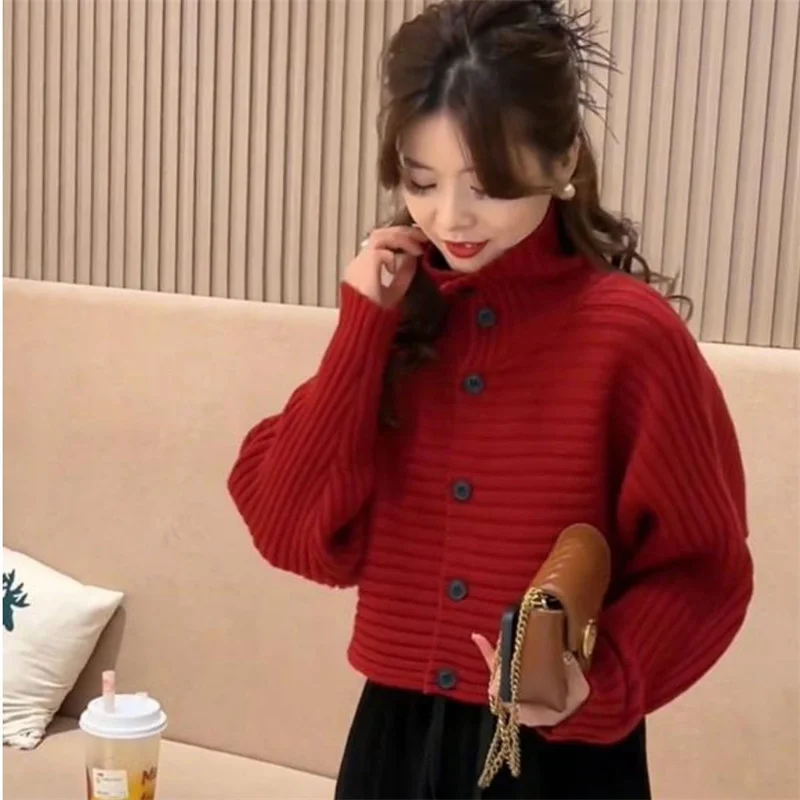 

Women Korean Knitted Cardigan, High Neck, Cape Style, Western-style Short Jacket, High Waisted Top, Short Sweater, Bat Sleeve