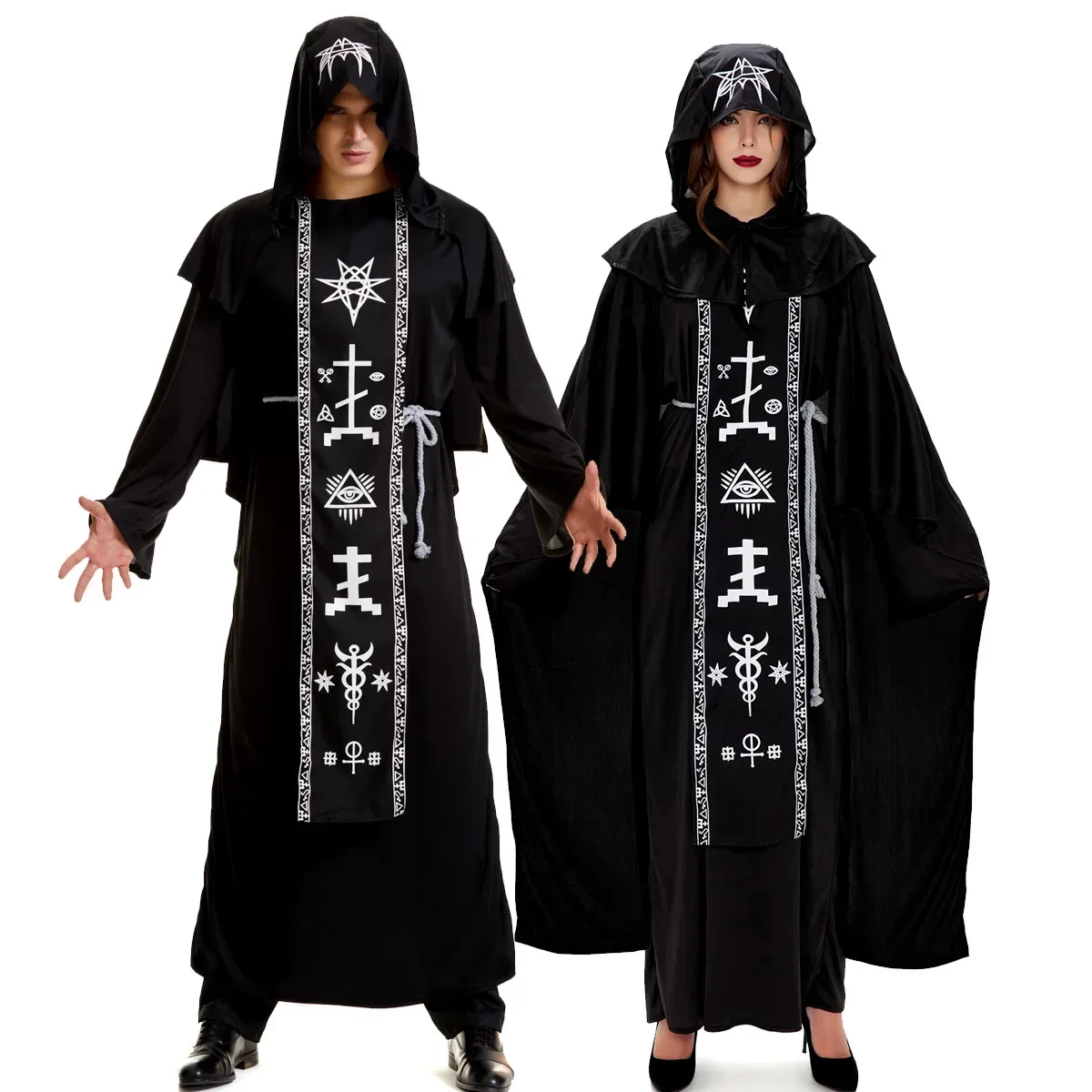 Adult Medieval Magician Robe Cosplay Costume For Men Women Black Hooded Scary Witch Devil Role Play Costume For Halloween Party