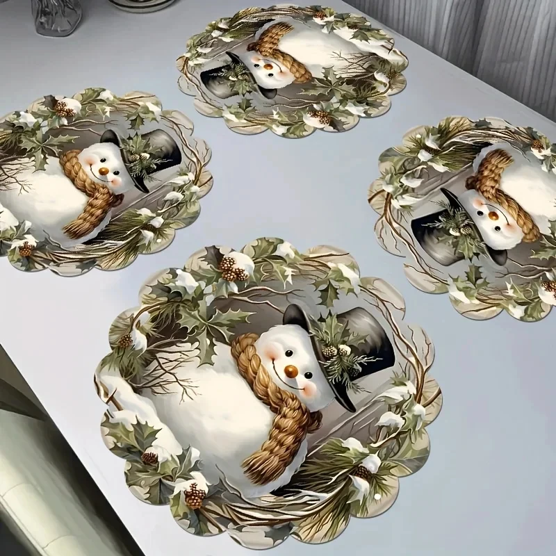 VIKAMA Snowman Christmas Wreath Round Placemat, 1 Design, Table Mat for Kitchen Dining Party