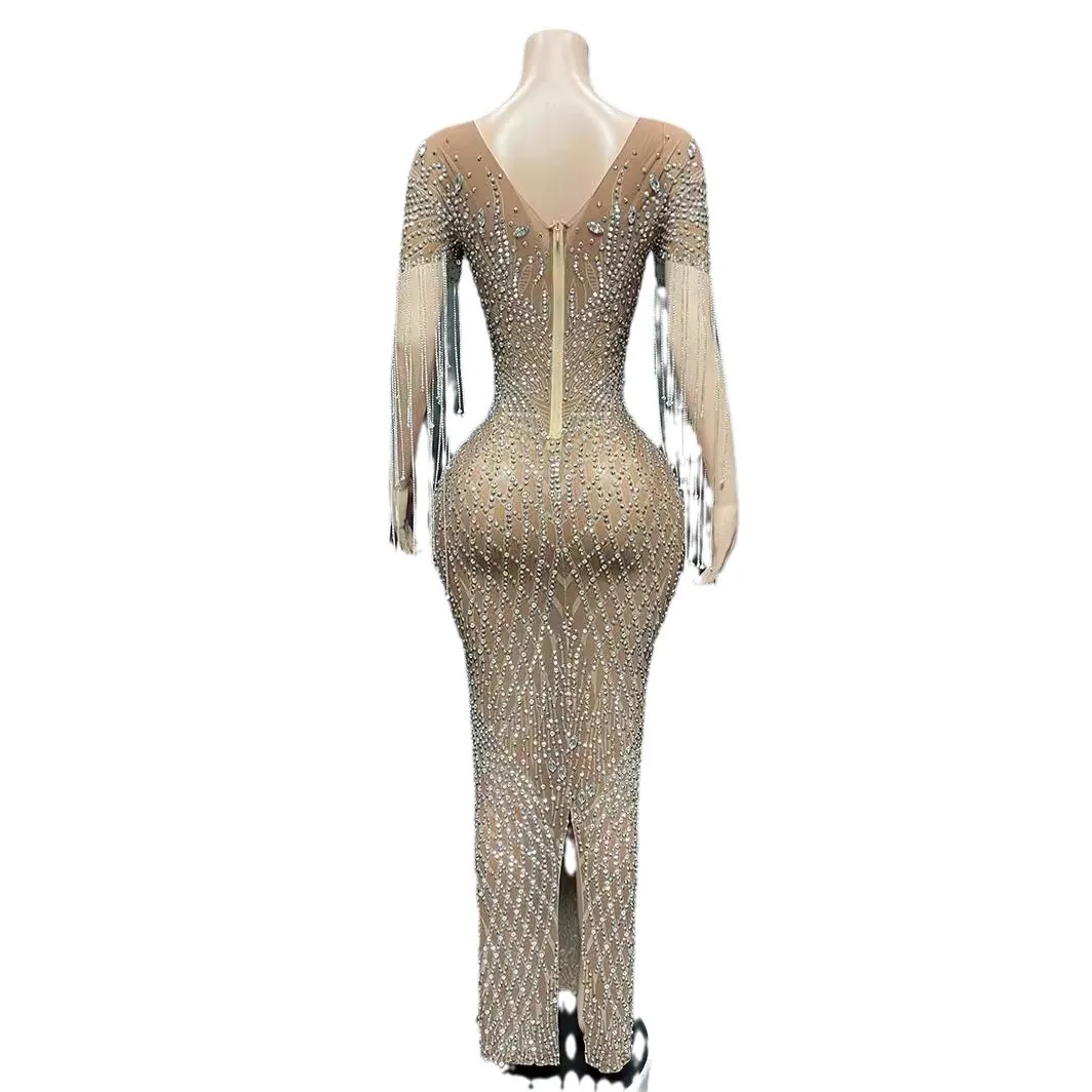 

Tan Tassel Mesh Dress Diamond с коротким рукавом Элегантное тонкое платье Вечеринка Танцевальный халат Soirée Femme Mariage Vestidos De Festa Luxo