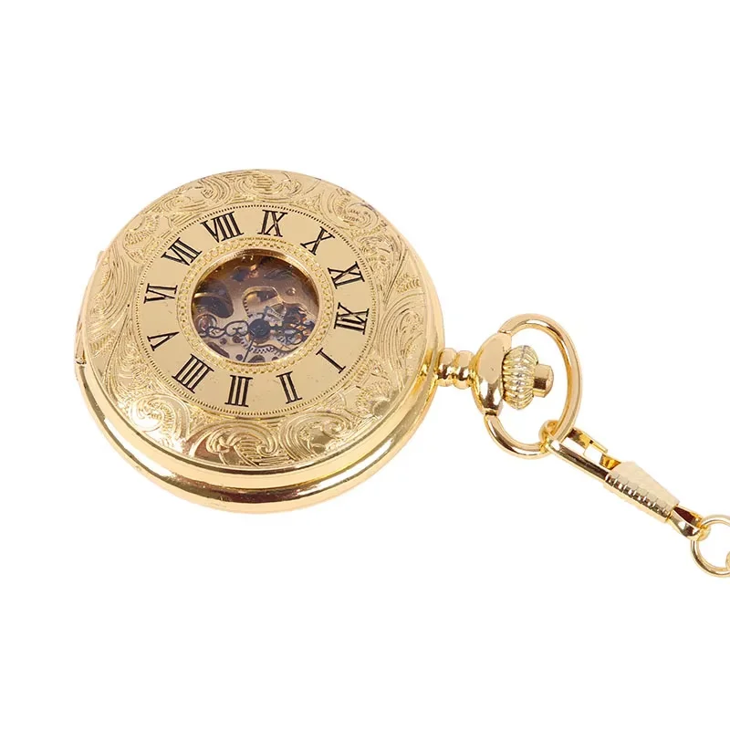 

Luxury gold vintage Roman numeral white surface open cover mechanical pocket watch with waist chain