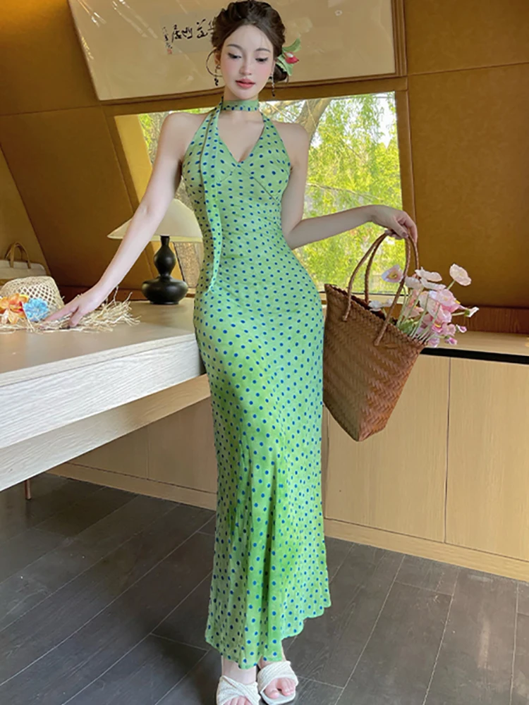 

Women Green Polka Dot Chic Neck-mounted Long Dress 2026 Elegant Casual Home Dress Summer Korean Fashion Bodycon Festival Dresses