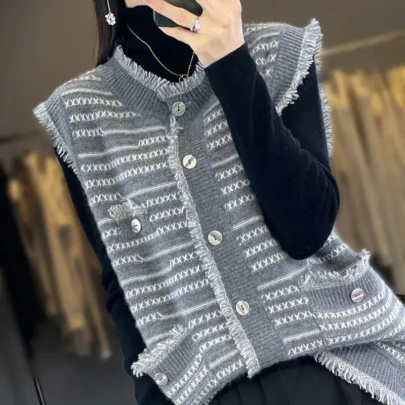 Spring Autumn Women Clothing Tassel Sweater Vest Coat O-Neck Contrast Color Korean Fashion Casual Loose Sleeveless Cardigan Tops