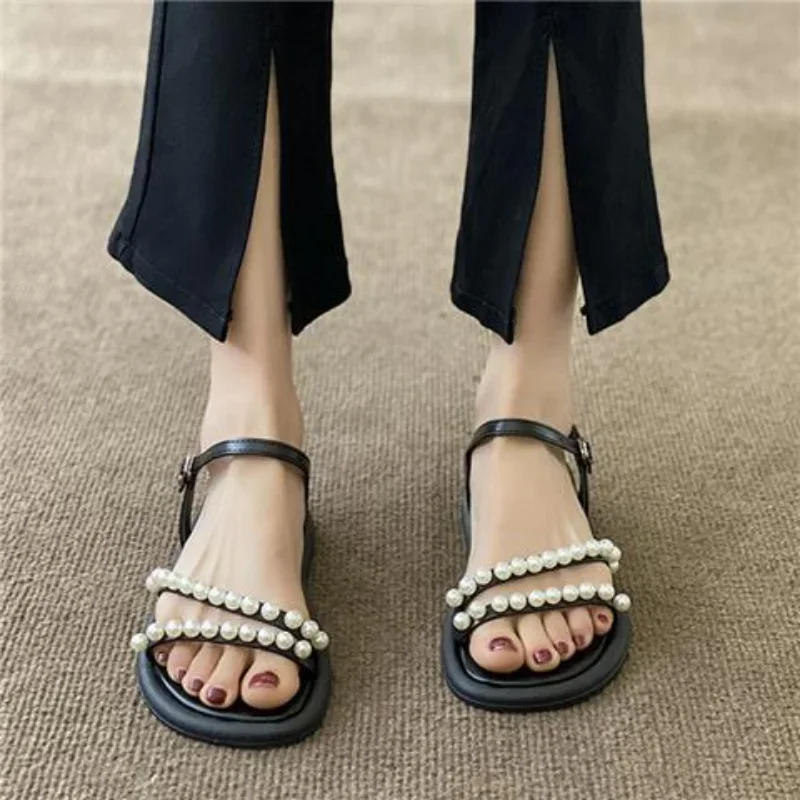 Footwear Women's Shoes Flat Rubber Summer 2024 Roman Style Outdoor Beige Sandals for Woman Pearl No Heel Asian Size Trend Sandal