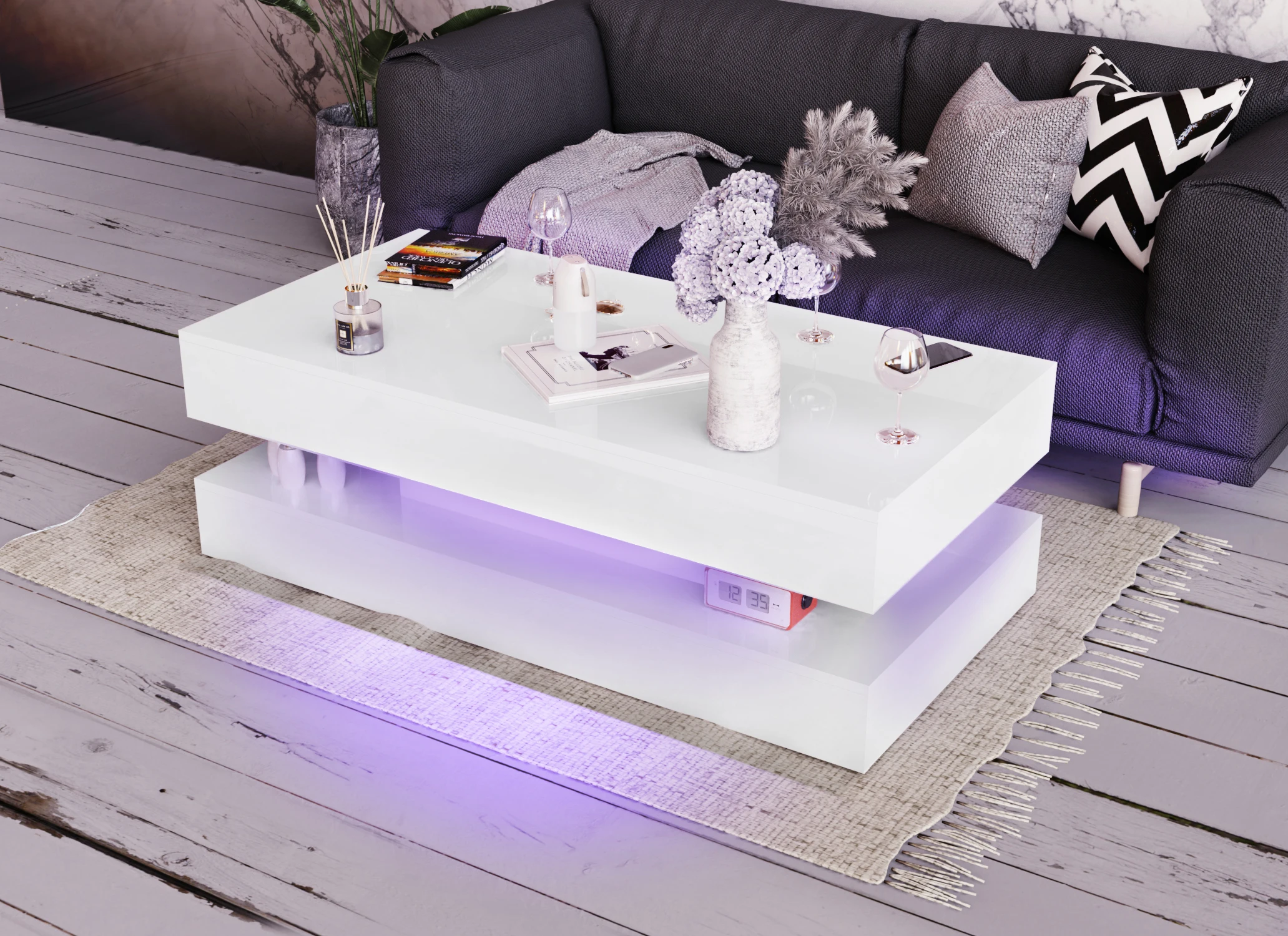 Table basse LED à haute brillance, table centrale moderne avec 2 rangements à proximité, 47,3 pouces pour le salon