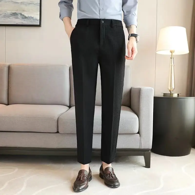 Smart Casual Men Solid Color Suit Pants Spring Summer Thin Streetwear Fashion Waffle Business New Coffee Khaki Straight Trousers