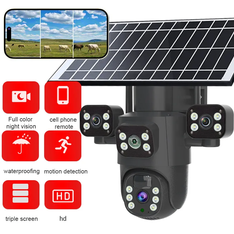 

Solar 3-Lens Outdoor Security Camera - 4G/WiFi 2.4G 1080P FHD IP66 Waterproof Wireless No Plug-in Low Power APP Control