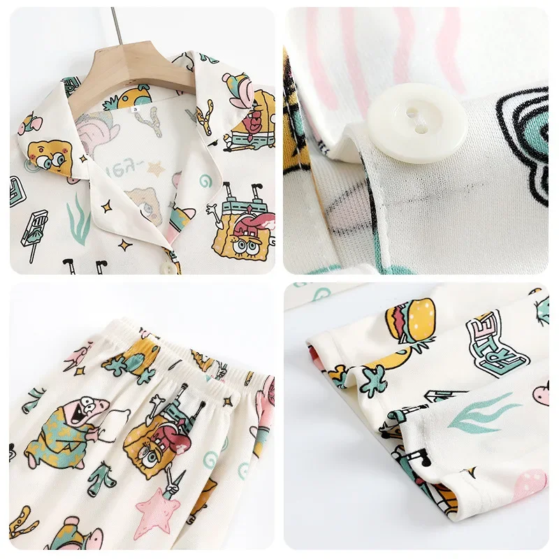 2PCS New SpongeBob SquarePants Pajamas Set Fashion Leisure Ladies Long Sleeve Long Trousers Two Sets Cartoon Cute Homewear Suit