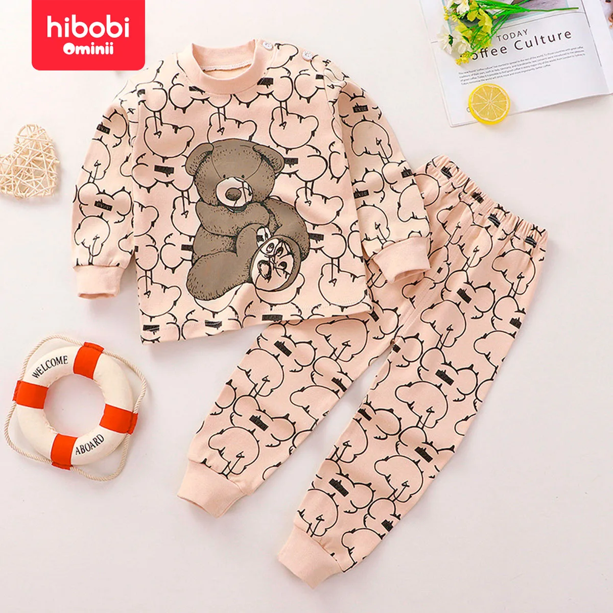 hibobi 2-Piece 100% Cotton Children's Comfortable Round Neck Warm Home Clothes Set Cute Bear Pajamas And Pajama Pants Set