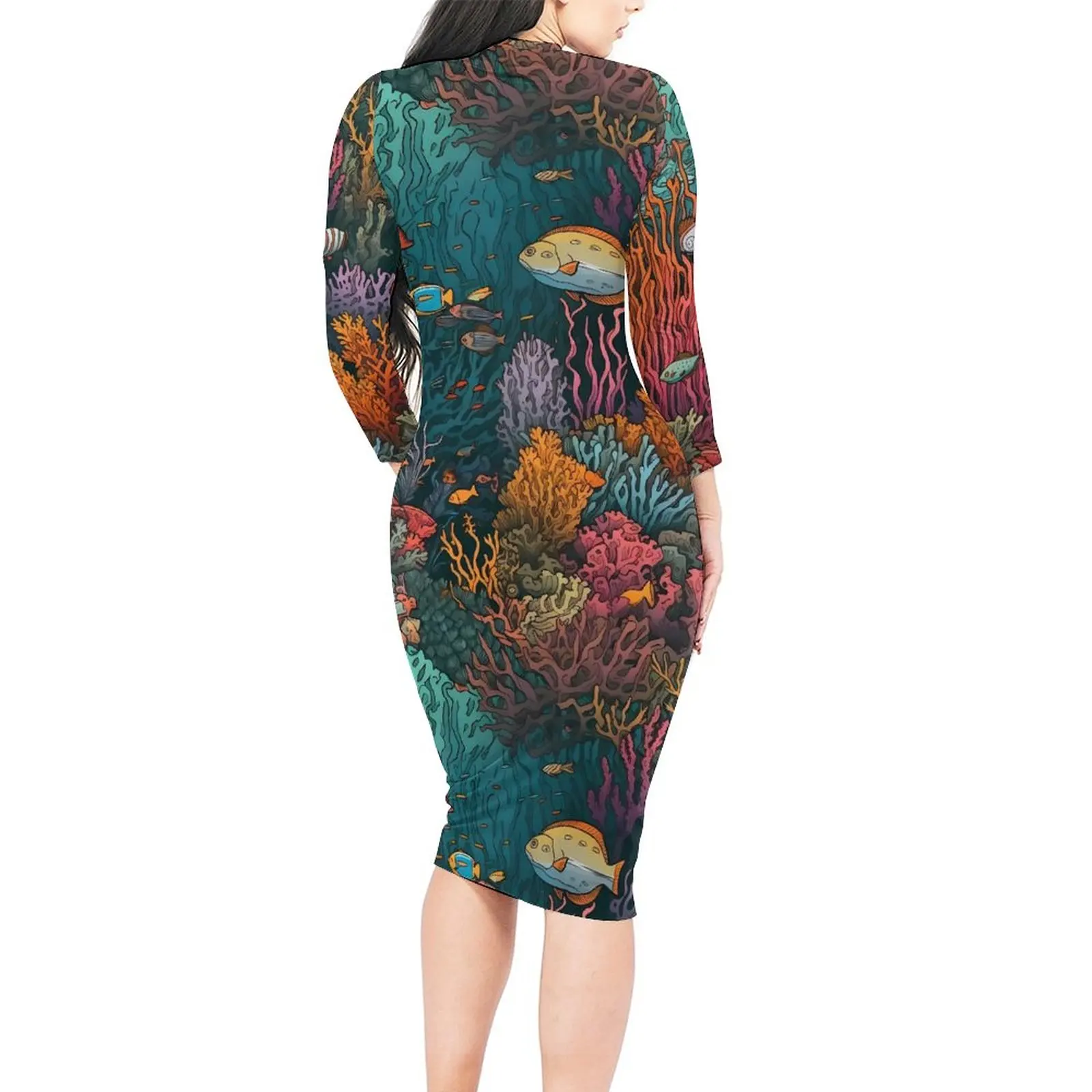 Tropical Marine Dress Female Coral Reef Print Street Fashion Bodycon Dress Spring Long Sleeve Club Dresses Oversize Vestidos