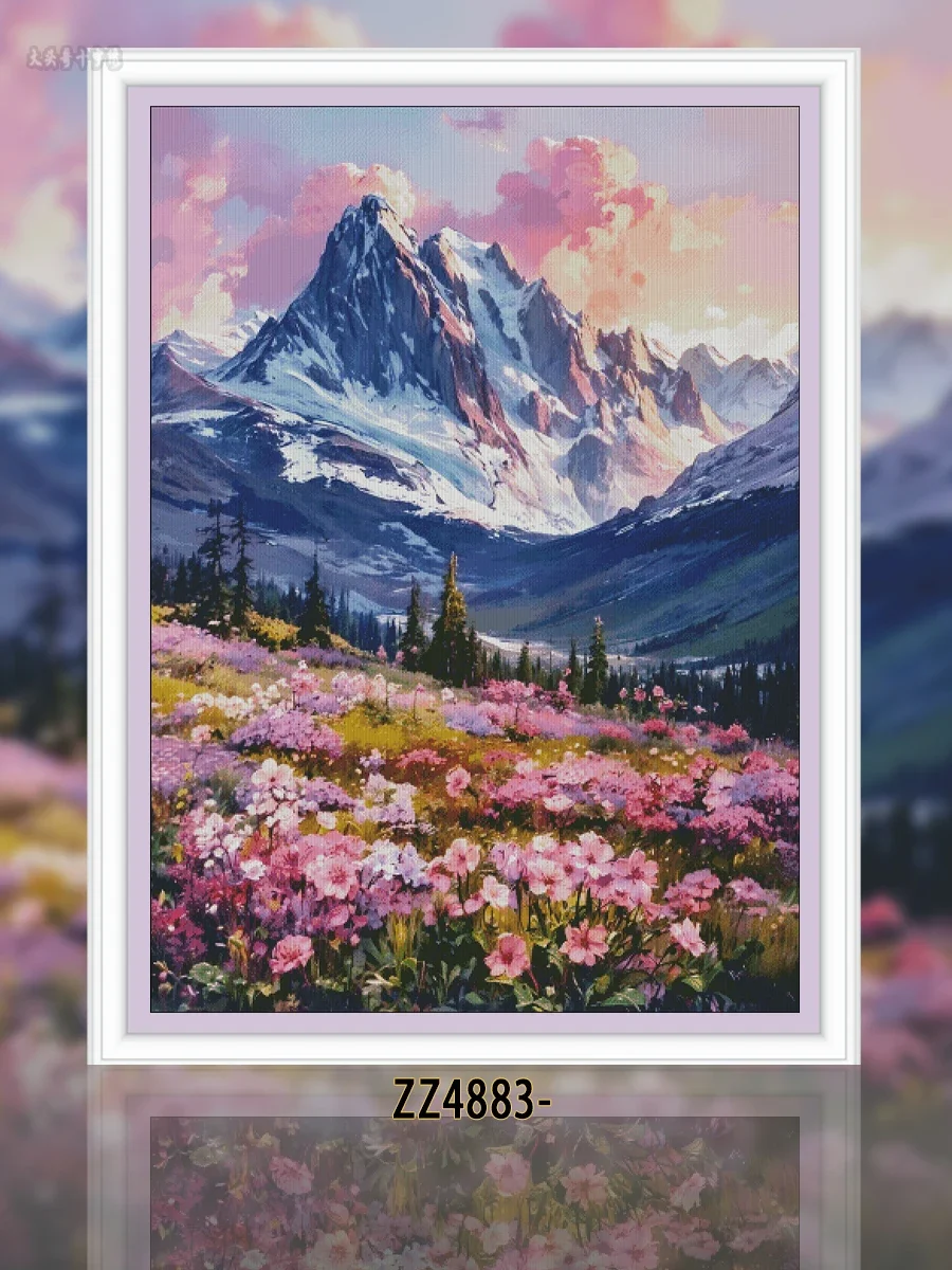 [ZZ4883-Snow Mountain Flower Sea] Stamped Cross Stitch Kit 14CT 16CT Pre Printed Canvas Cotton Threads DIY Embroidery Wall Decor