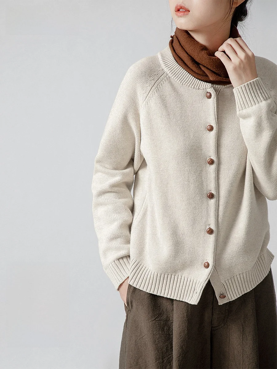 

Original Japanese Sle Knitted Sweater Jaet Women's Versatile Beige round Ne Open Cardigan Top Autumn Winter Casual Loos...