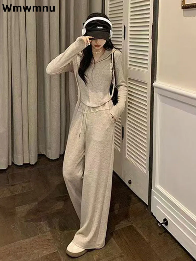 

Hooded Sports Fashion Zip Outfits Elegant Slim Women's Casual Two-Piece Set V-Neck Korean Lace Up High Waist Pants Trousers