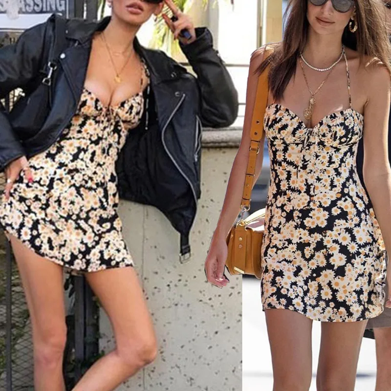 Women's Bra style Small Daisy Floral Suspender Mini Dress Female Slim A-line Short Robes Summer